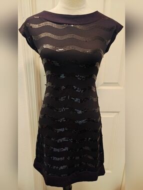 Vintage Speechless Sequin Back Tie Dress w Bateau neckline & Cap Sleeves.